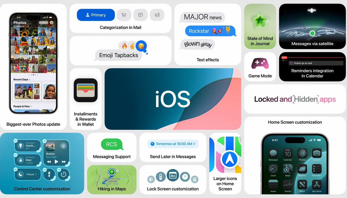 behl1anmol's tweet photo. Apple introduces iOS 18

- A new control center
- Dark icons in dark mode
- Home screen Customisation 
- Place apps anywhere on grid
- Hide and Lock apps in iOS 18
- Schedule messages 
- Satellite Messaging
- RCS Support
- iMessage text formatting 
- Photos app redesign
#WWDC24 https://t.co/UTlahqE4IT