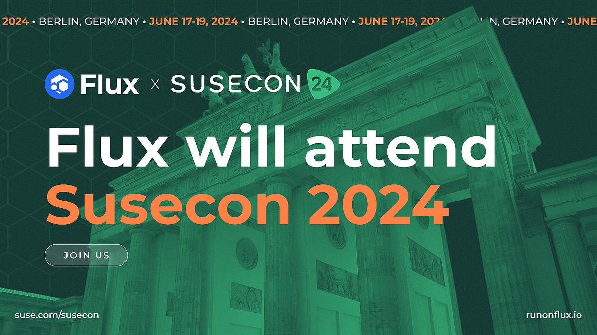 RunOnFlux's tweet photo. 🎉 Excited to announce our participation in #SUSECON24, June 17-19 in Berlin, Germany!

Invited by our partners at @SUSE, we can't wait to meet them, their partners, customers, and hopefully some of you in person! 

Learn more: https://t.co/9q5F1wl8B9 https://t.co/uafg2mW4y1