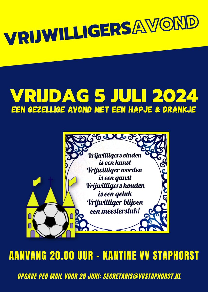 Nog even ter herinnering: vrijdagavond 5 juli is de vrijwilligersavond. Wees welkom en vergeet je niet op te geven! 👇
vvstaphorst.nl/1/2578/herinne…