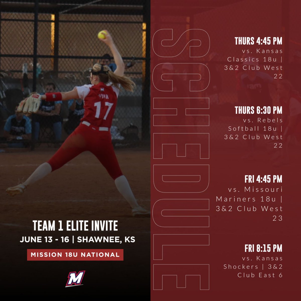 Schedule for this weekend!!! We are in Shawnee, KS for the Team 1 Elite Invite first game is this Thursday at 4:45
<a href="/Mission__FP/">Mission Fastpitch</a> <a href="/CSBSoftball/">CSB Softball</a> <a href="/rclick09/">Rachael Click</a> <a href="/coachaschilling/">Ashley Schilling</a> <a href="/NSUWolves_SB/">NSU Softball🥎</a> <a href="/BadgerSoftball/">Wisconsin Softball</a> <a href="/UMD_Softball/">Bulldog Softball</a> <a href="/CoachBrousek/">Carly Brousek</a>