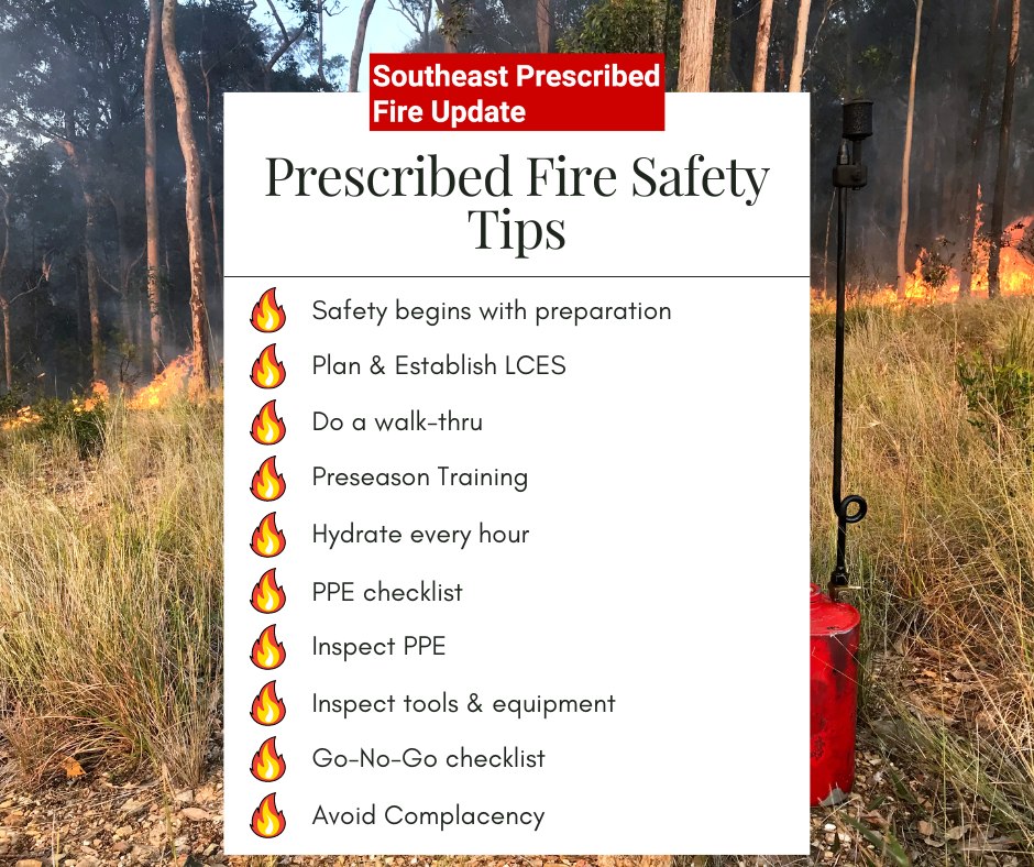 SE_RxFire's tweet photo. Yesterday was the First official Day of #Summer! If you're burning this summer, keep in mind these safety tips to ensure you and your crew are safe during hot temperatures and green burns.
Safety is 100% the most important aspect of #RxFire.
https://t.co/5vX4UrDpjc https://t.co/XGJIXjniGD