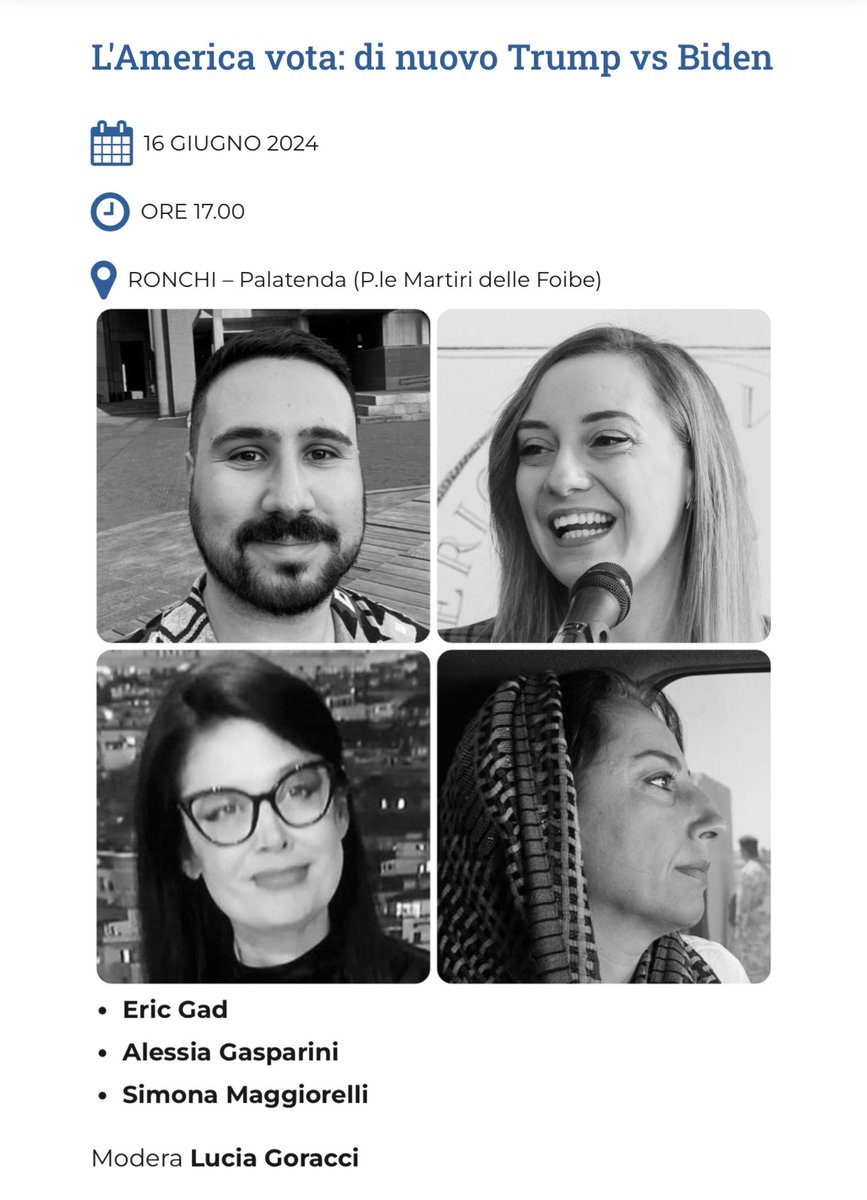 🇺🇸 Cari amici del Nord-Est, il 16 giugno saremo a Ronchi dei Legionari ospiti del <a href="/FestJRonchi/">Festival Giornalismo Ronchi dei Legionari</a> per parlare delle elezioni #Usa2024.
Insieme a <a href="/simonamaggiorel/">Simona Maggiorelli</a>, direttrice di <a href="/Left_rivista/">Left</a>.
Modera l’incontro Lucia Goracci (<a href="/ZiaLulli1/">@LuciaGoracci</a>).
A domenica!