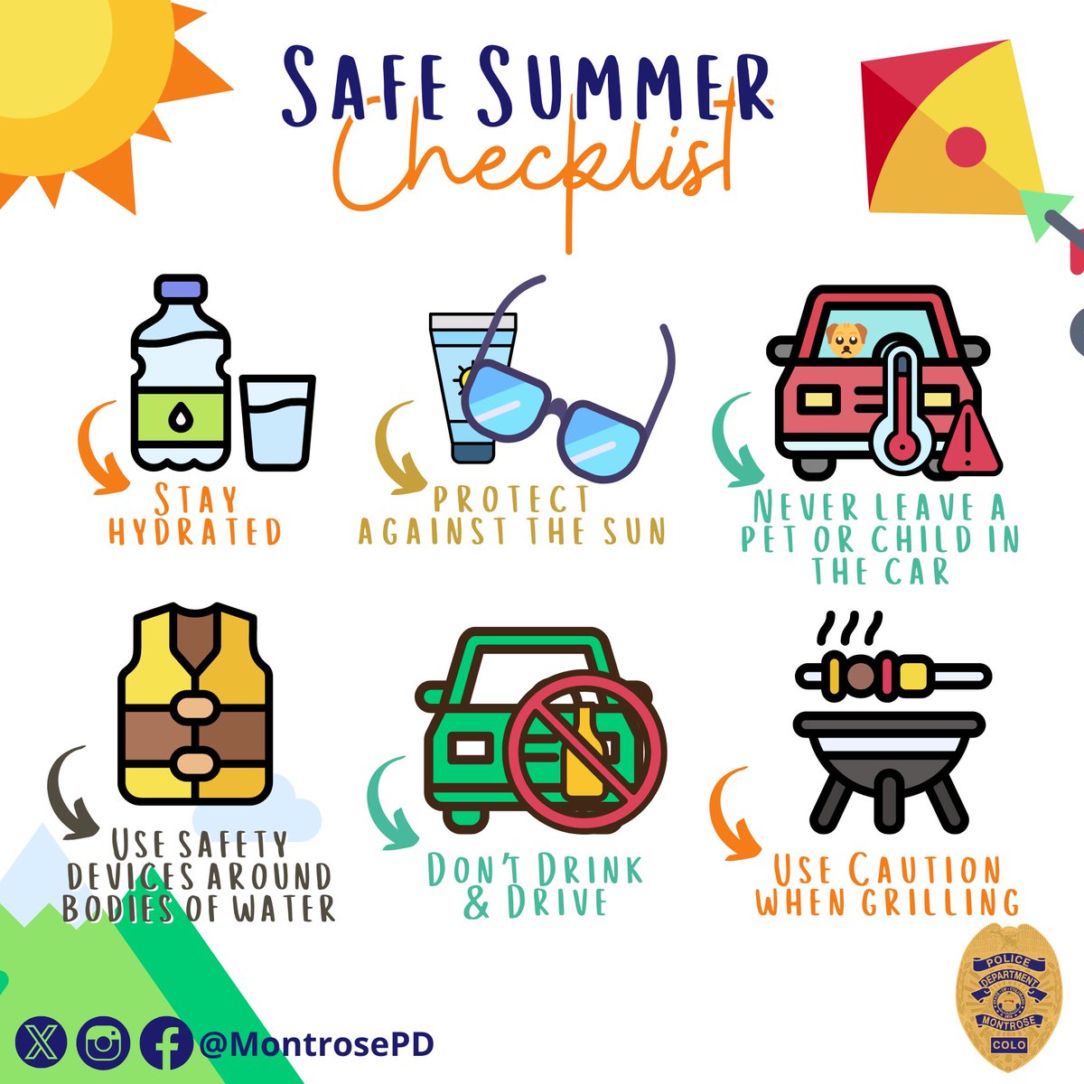 We hope residents &amp; visitors are getting the chance to enjoy our fantastic community. Stay safe...
Stay hydrated.
Protect against the sun.
NEVER leave a pet or child in the car.
Always use caution when grilling.
Don’t drink and drive.
Use safety devices around bodies of water.