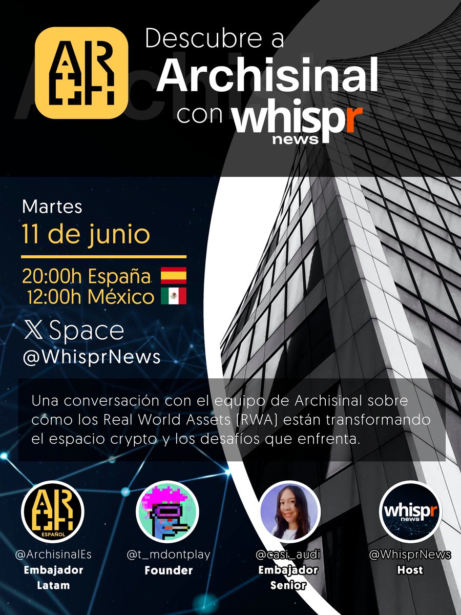 WhisprNews's tweet photo. ⏱️ ¡Atención Whisperers! Mañana a las 20:00h (hora española) hablaremos con @Archisinal de cómo están revolucionando los Real World Assets (RWA) en el sector de la construcción.

¡No podéis faltar! https://t.co/ldqPf9dMho
