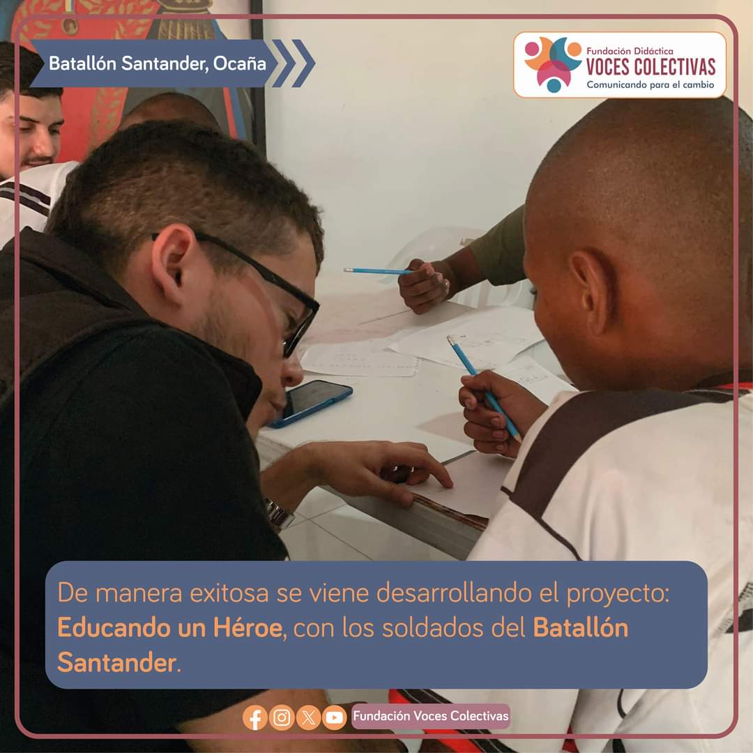 VColectivas's tweet photo. #EsNoticia 🗞️ || De manera exitosa se viene desarrollando el proyecto Educando un Héroe, con los soldados del Batallón Santander.

📲: https://t.co/BlEsxZv8Sa
.
.
.
#FundaciónVocesColectivas #Ocaña #BatallónSantander #EducandoUnHéroe https://t.co/U7DODIGHnd