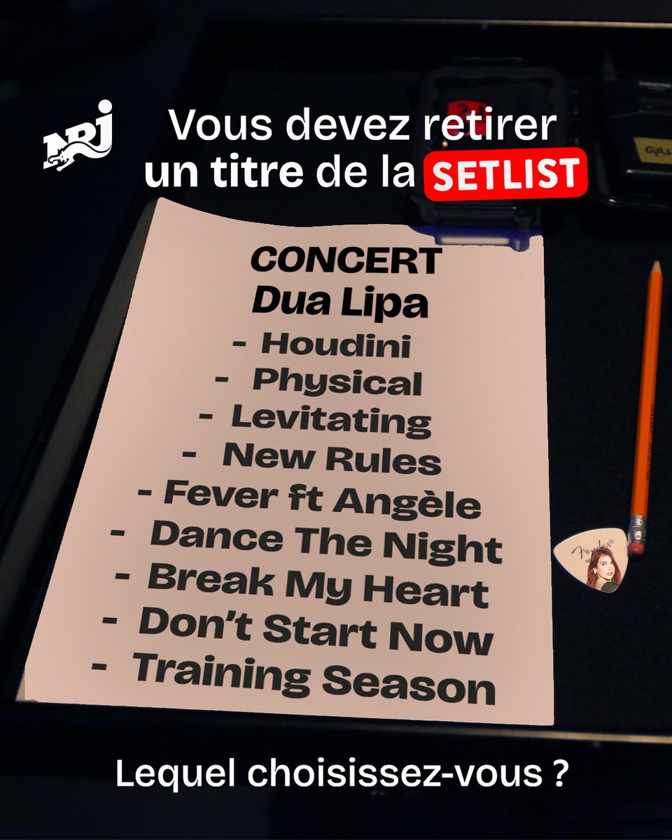 Dua Lipa vous demande de retirer une chanson de la SetList de ses concerts de #Nimes, laquelle choisissez-vous ? 👀

Quoi ? vous n'avez pas encore vos places ?
Ecoutez #NRJ à tout moment pour les gagner 🎟️
Seule NRJ peut vous offrir ça 🔥 
#DuaLipa