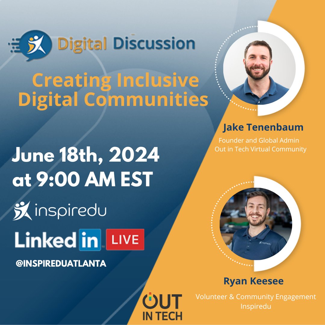 Join Ryan Keesee, Volunteer &amp; Community Engagement at Inspiredu, with guest Jake Tenenbaum of Out in Tech for a special Pride Digital Discussion. Join us live on June 18 at 9 a.m. EDT on LinkedIn.  RSVP here:  loom.ly/Ii74OBI
#digitaldiscussion #pride #digitalinclusion