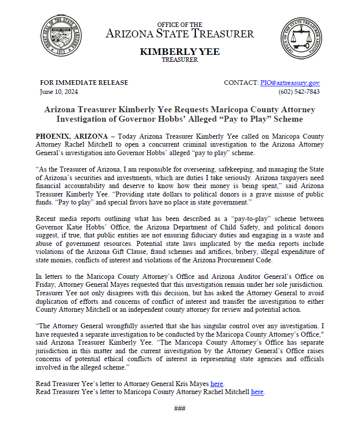 AZTreasurerYee's tweet photo. I requested an investigation by the Maricopa County Attorney into Governor Hobbs' alleged "pay to play" scheme. Arizona taxpayers deserve financial accountability. Giving state dollars to political donors is a grave misuse of public funds.

Press Release: https://t.co/7M2AJQWLu8 https://t.co/EClgWWX8A8