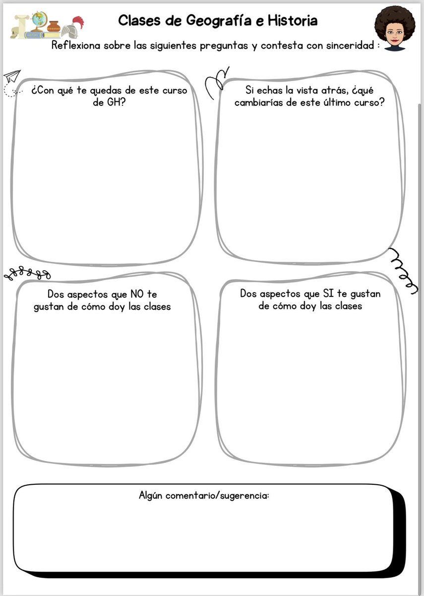 clasehistoria79's tweet image. Se acercan las últimas clases del curso y con ellas la evaluación que paso al alumnado sobre las asignaturas que imparto y la tutoría. Aún están en borrador, ¿alguna sugerencia? #claustrovirtual #claustrovirtualsecundaria #evaluaciondocente #clasesdegeografiaehistoria #tutoria