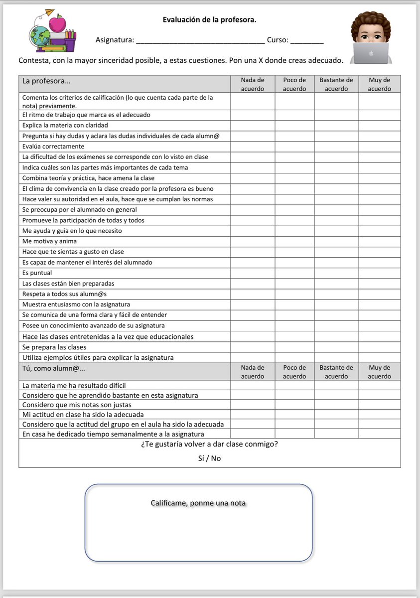 clasehistoria79's tweet image. Se acercan las últimas clases del curso y con ellas la evaluación que paso al alumnado sobre las asignaturas que imparto y la tutoría. Aún están en borrador, ¿alguna sugerencia? #claustrovirtual #claustrovirtualsecundaria #evaluaciondocente #clasesdegeografiaehistoria #tutoria