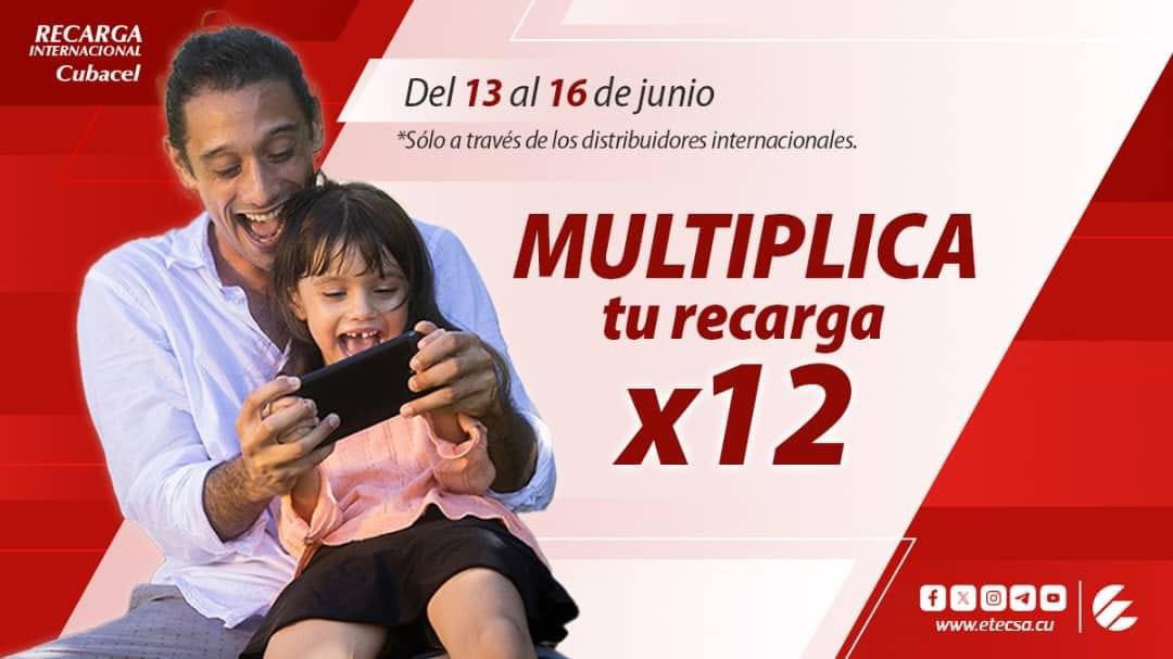 ¡Celebra a papá con nosotros!
Promoción de #RecargaInternacional del 13 al 16 de junio.
Si recibes a través de nuestros distribuidores internacionales, una recarga entre 500CUP y hasta 1250CUP, multiplicarás el monto del dinero recargado X12 en tu saldo principal.