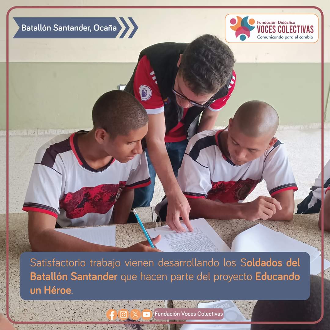VColectivas's tweet photo. #EsNoticia 🗞️ || Satisfactoriamente avanza el trabajo con los Soldados del Batallón Santander que forman parte del proyecto Educando un Héroe.

📲: https://t.co/VRiydF9Ull
.
.
.
#FundaciónVocesColectivas #Ocaña #BatallónSantander #EducandoUnHéroe https://t.co/4XbfDVxWlE