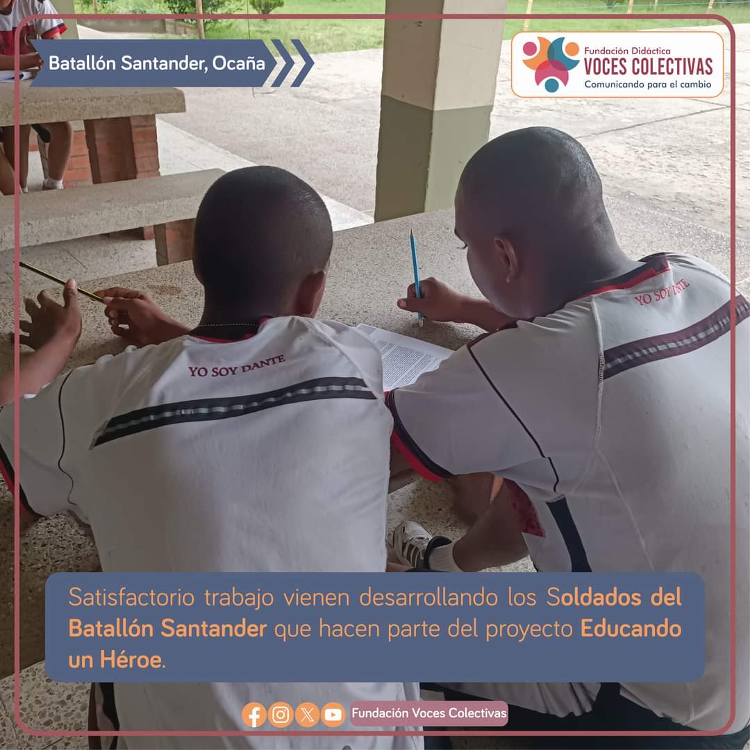 VColectivas's tweet photo. #EsNoticia 🗞️ || Satisfactoriamente avanza el trabajo con los Soldados del Batallón Santander que forman parte del proyecto Educando un Héroe.

📲: https://t.co/VRiydF9Ull
.
.
.
#FundaciónVocesColectivas #Ocaña #BatallónSantander #EducandoUnHéroe https://t.co/4XbfDVxWlE