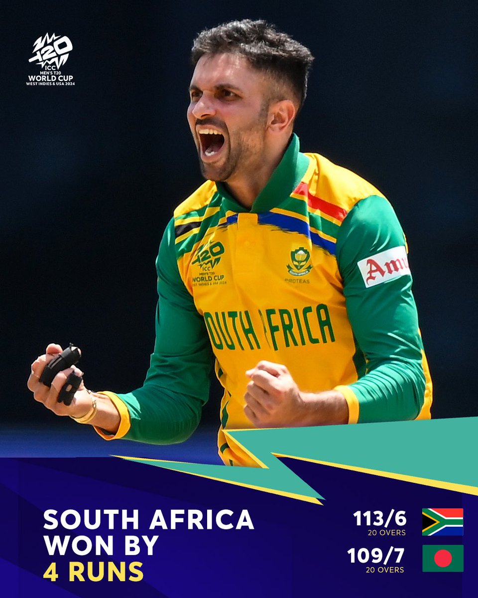 ProteasMenCSA's tweet photo. 𝗪𝗛𝗔𝗧 𝗔 𝗪𝗜𝗡 | #SAvBAN 

Keshav Maharaj held his nerve in the final over to take us over the line in NYC. 

That’s 3 wins in 3 matches. 🟢🟡

#WozaNawe #BePartOfIt 
#OutOfThisWorld #T20WorldCup https://t.co/lsqmn4CNRE