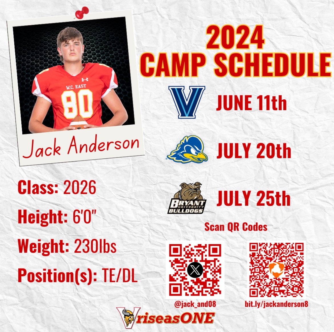 Excited to compete this summer at <a href="/NovaFootball/">Villanova Football</a>, <a href="/Delaware_FB/">Delaware Football</a>, and <a href="/BryantUFootball/">Bryant Football</a>

<a href="/WCEastFootball/">WC East Vikings Football</a> <a href="/CoachStephenWCE/">Coach Stephen</a> <a href="/CoachSeanLamb/">Sean Lamb</a>
