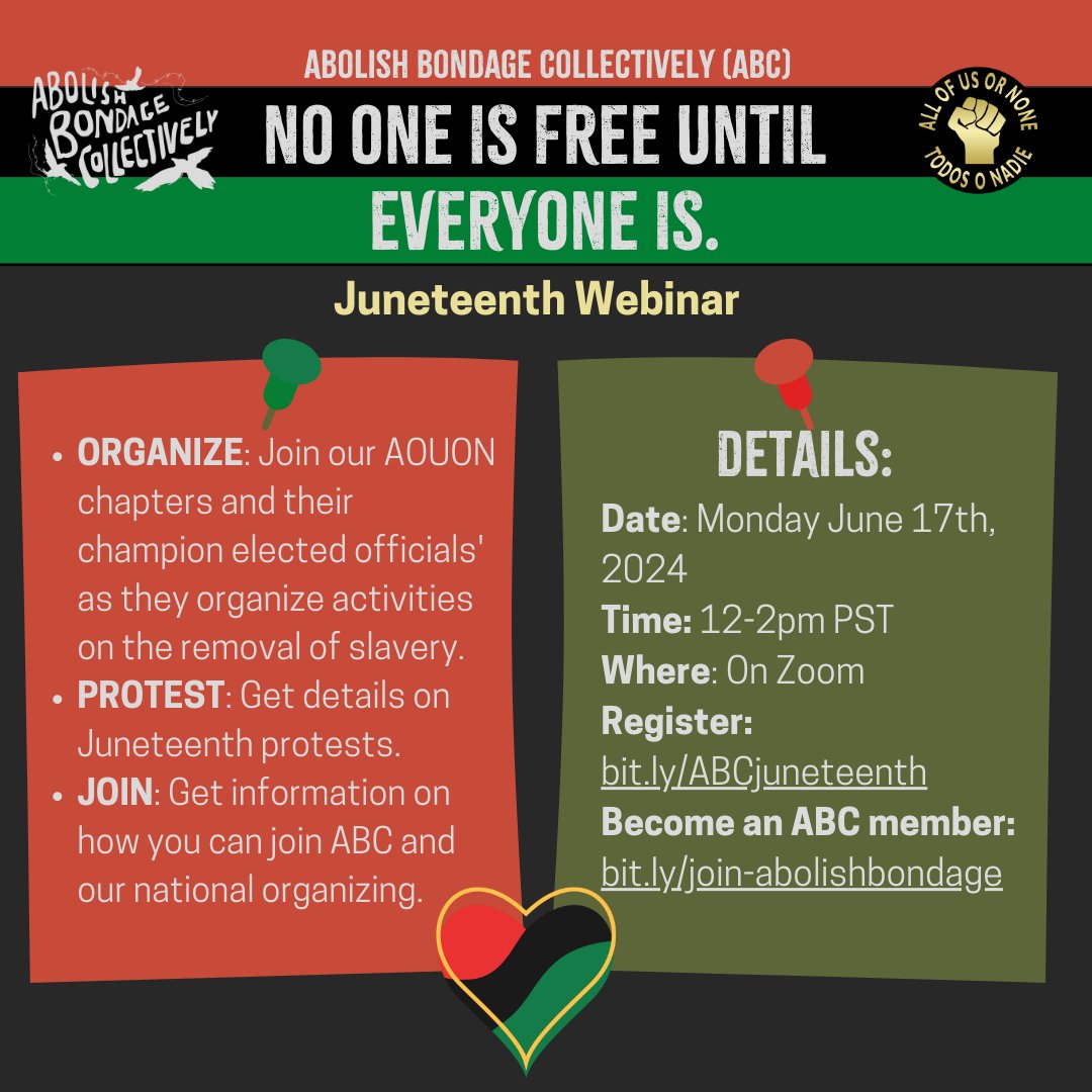 NO ONE IS FREE UNTIL EVERYONE IS 🔥

Juneteenth is next week and we're letting the U.S. know that slavery is still alive!

Want to get involved in the national movement and participate in our day of action? 🧐 Join our webinar ⬇️

Register at: bit.ly/ABCjuneteenth link in bio!