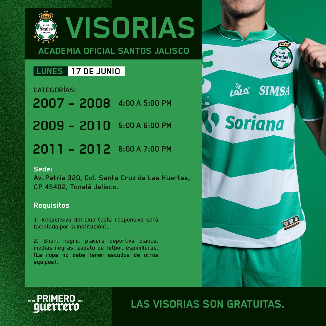 Gugas1504's tweet photo. Visorias 2024. Este lunes 17 de junio de 4 a 7 pm categorías 2007 a 2012 y el martes 18 de junio categorías de 2011 a 2014.
Llena el siguiente formulario para registrarte
https://t.co/2kRPicZEkW 

#SantosLaguna #Visorias #Orlegi #academia #PrimeroGuerrero #Tonalá #Jalisco https://t.co/SJYw6sHypO