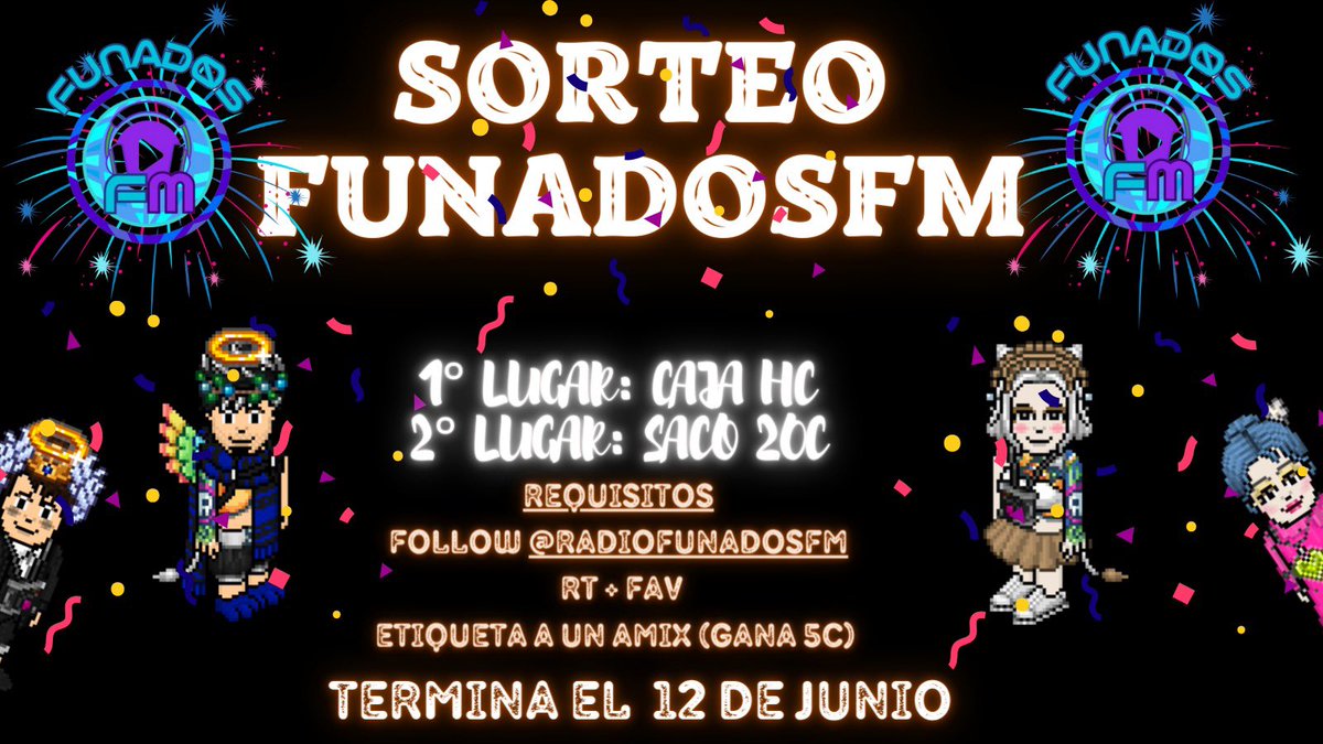 🚨🚨ALERTA DE SORTEO🚨🚨

Primer lugar: Caja hc
Segundo lugar: Saco 20c 

REQUISITOS
RT Y FAV 
SEGUIR <a href="/RadioFunadosFm/">Funados Fm 🎧</a> 
ETIQUETA A TU AMIX ( gana 5c ) 

TERMINA EL MIÉRCOLES