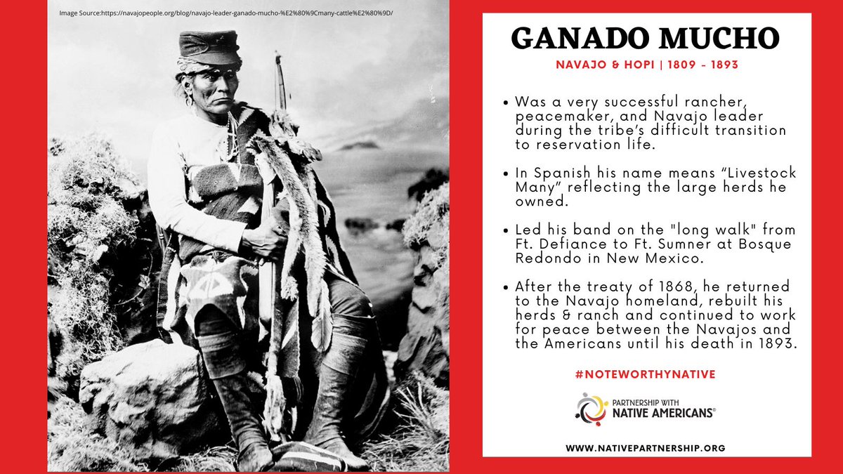 PWNA4hope's tweet photo. Today's #NoteworthyNative is - Ganado Mucho. β€οΈ
Known for his peacemaker ways especially during the Navajo War during the 1800's, Ganado Mucho dealt with much loss but still managed to prevail for his people in many ways.
Learn more about his story at: https://t.co/P85jvWeG1m https://t.co/r57OBKhsvM