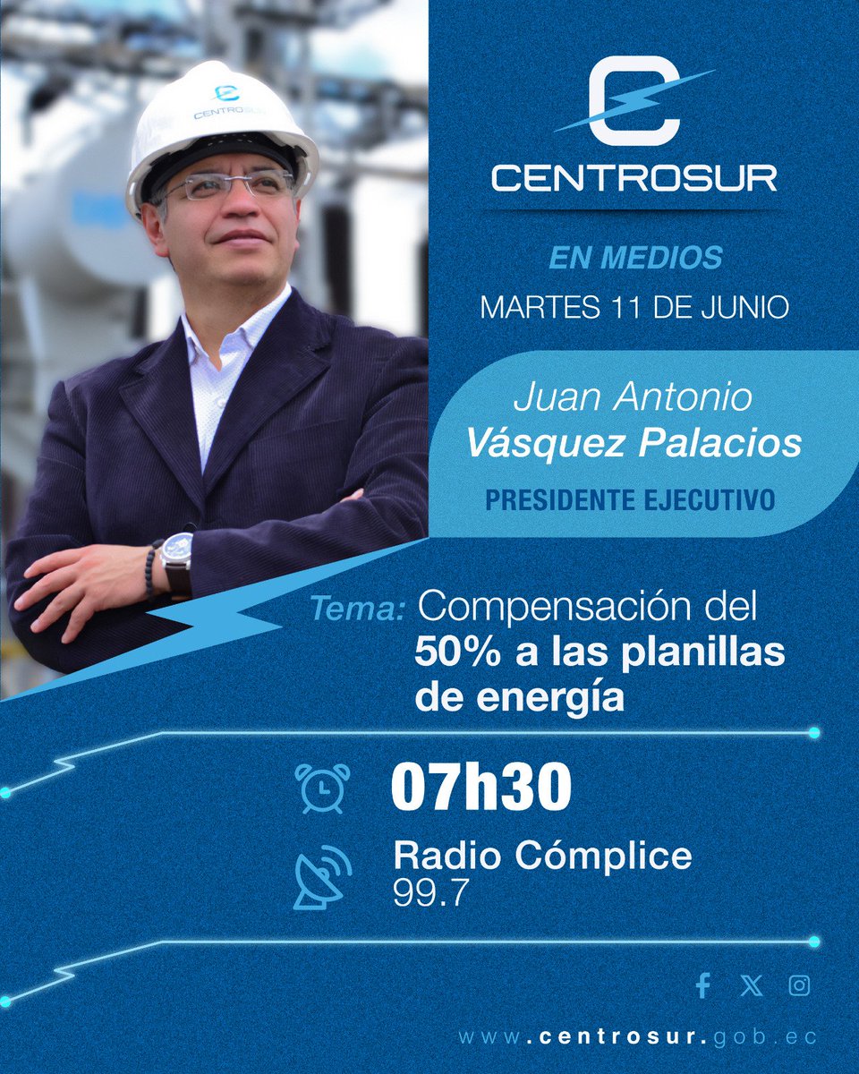 centrosurec's tweet photo. #CentrosurEnMedios 📺📻📰

Informamos a la ciudadanía, esta es la agenda que cumplirá Juan Vásquez Palacios, presidente ejecutivo de #Centrosur el martes, 11 de junio.

Tema:  Compensación del 50 % en la factura de energía.

@complicefm https://t.co/FyJNGSh83v