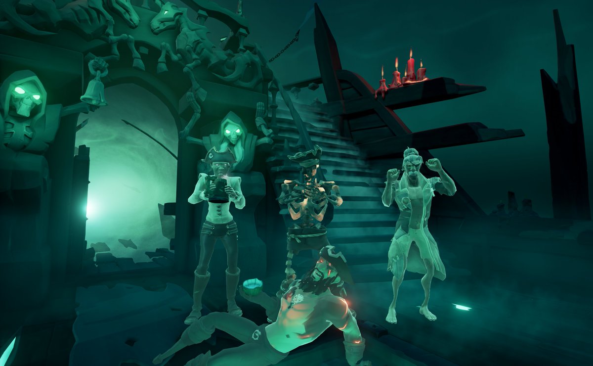 ItsGrimUpN0rth's tweet photo. I wasn't meant to sail with the cult today but somehow I slipped in, and geez what a great evening! 
I ended up swimming a CoF from Crows Nest Fortress to Ancient Spire 😱
Epic evening that we will talk about for years! 😅🏴‍☠️❤️
#SeaOfThieves #BeMorePirate #BeMoreCult #MaybeACult https://t.co/1MtA2ynIH7