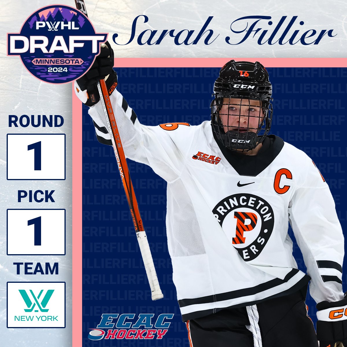 It's official! <a href="/SarahFillier91/">Sarah Fillier</a> is the #1 overall pick in the 2024 <a href="/thepwhlofficial/">PWHL</a> draft!!

The <a href="/PWIH/">Princeton Women's Ice Hockey</a> legend is heading to <a href="/PWHL_NewYork/">New York Sirens</a> as the top pick!

#ECACHockey X #PWHLDraft