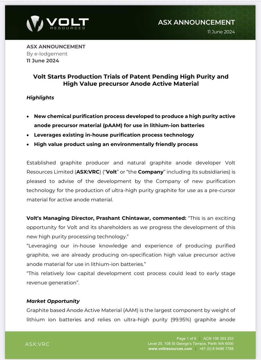 asimwe's tweet image. Volt Starts Production Trials of Patent Pending High Purity and High Value precursor Anode Active Material
@asxvolt $VRC $VRC.ax 
#anode #graphite