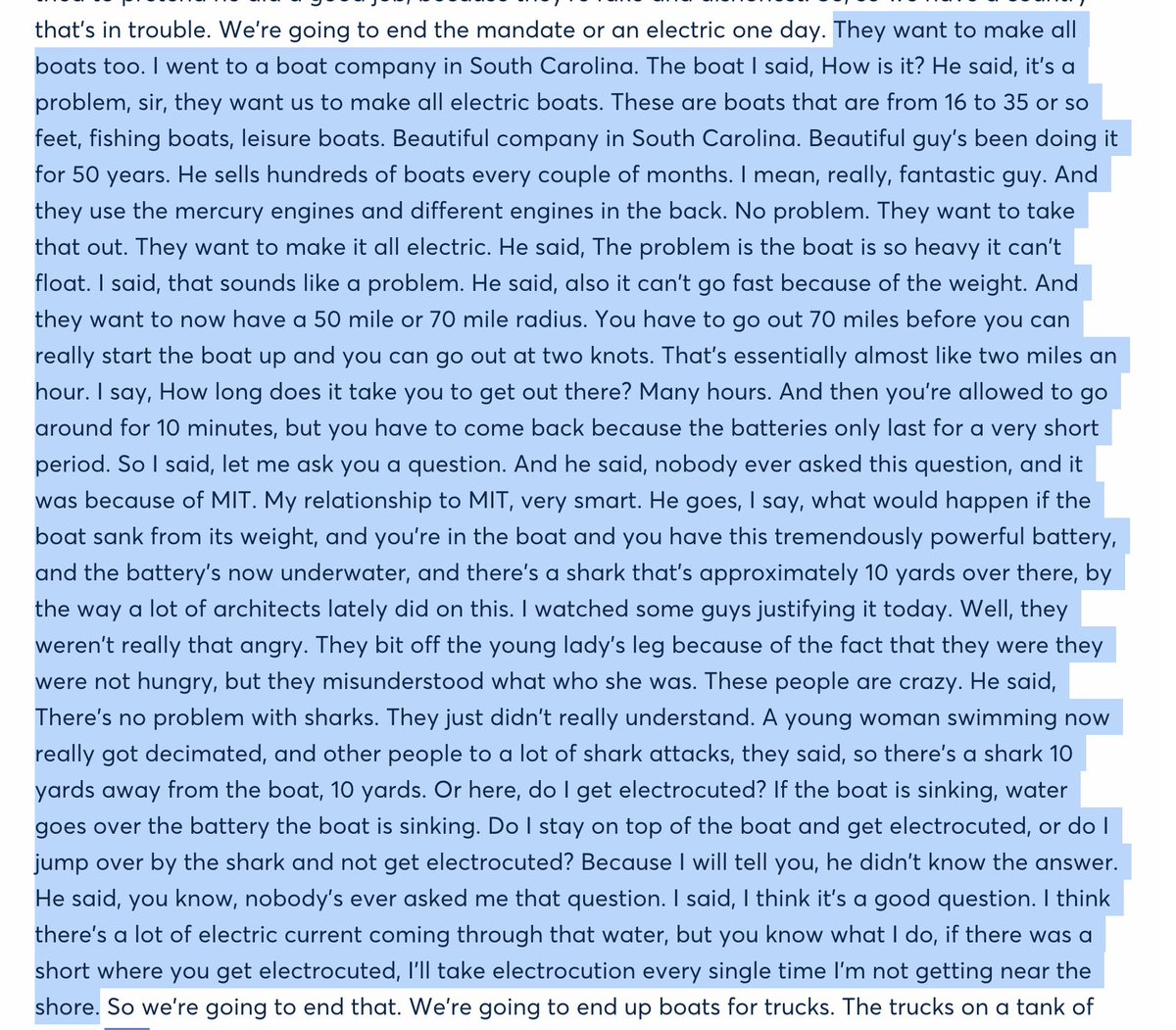 RalstonReports's tweet image. I know A LOT OF PEOPLE are wondering what all this chatter is about Trump talking about sharks and boats and electrocution in Vegas yesterday. I'm sure the media must be exaggerating because no serious candidate would talk about such things.

Transcript below.

You're welcome.