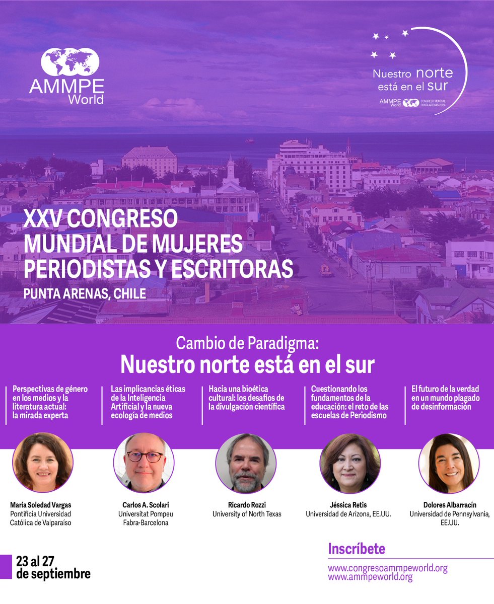 ¡Únete a nosotros en el XXV Congreso Mundial de Mujeres Periodistas y Escritoras!

Es un honor para nosotros invitarte a  a ser parte de este evento extraordinario. Del 23 al 27 de septiembre de 2024, nos reuniremos en el impresionante escenario de Punta Arenas, Chile,