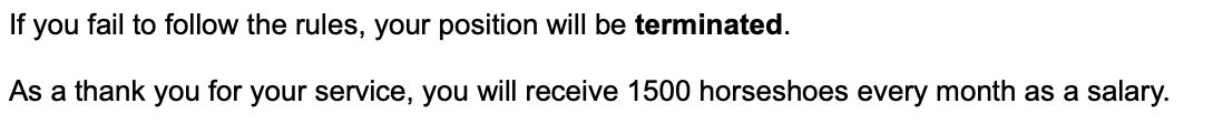 Digging into my email history and trying to figure out what "job" I had when I was twelve that involved a "salary" of 1500 horseshoes every month?