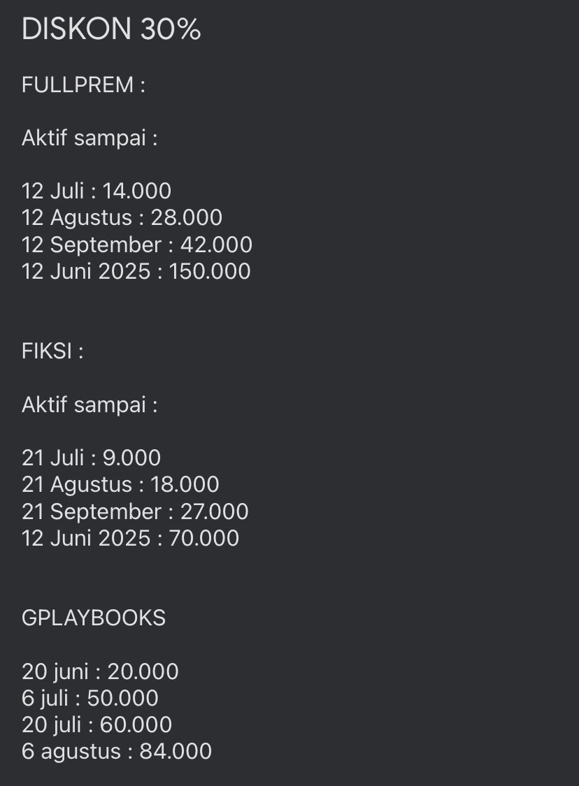 Aaden32's tweet photo. [ DISKON 30% ]

SHARING GRAMEDIA DIGITAL / GRAMDIG

Format pemesanan :

Device : ios/android
Paket : fiksi/fullprem/gplaybooks
Tanggal periode gramdig/masa aktif :
Harga :

[ SETIAP 5% DARI TOTAL BELANJA ANDA AKAN DIDONASIKAN UNTUK PALESTINA ] https://t.co/5SpUz3KVob