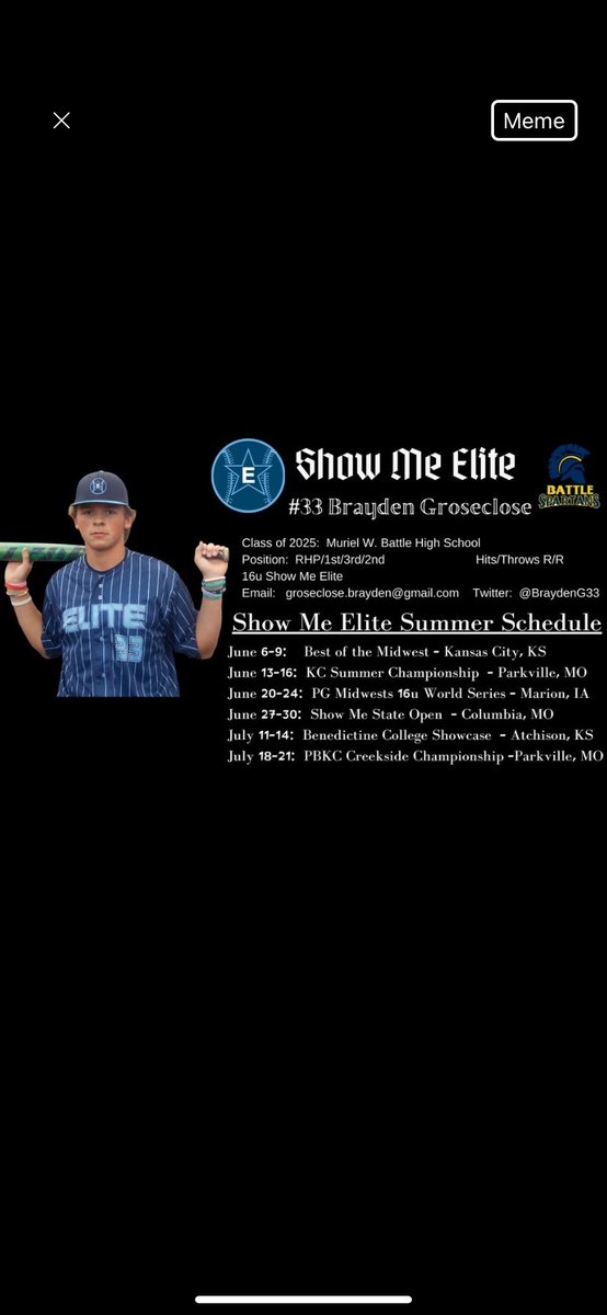 MDG (@mdg__49) on Twitter photo <a href="/BraydenG33/">Brayden</a> had a good start to the summer travel season for <a href="/2026ShowMeElite/">ShowMeElite-2026</a> at the <a href="/BUSShowcase/">Best in the US Showcases</a>. Went 5-11 at the plate .455 BA, 6 RBI and OPS of 1.12. Pitched 6 innings collecting 2 W’s and 9 K’s against a couple tough teams in the bracket
<a href="/573SportNetwork/">573 SN📢</a>
<a href="/BattleAthletics/">Battle Athletics & Activities</a> <a href="/BraydenG33/">Brayden</a> had a good start to the summer travel season for <a href="/2026ShowMeElite/">ShowMeElite-2026</a> at the <a href="/BUSShowcase/">Best in the US Showcases</a>. Went 5-11 at the plate .455 BA, 6 RBI and OPS of 1.12. Pitched 6 innings collecting 2 W’s and 9 K’s against a couple tough teams in the bracket
<a href="/573SportNetwork/">573 SN📢</a>
<a href="/BattleAthletics/">Battle Athletics & Activities</a>