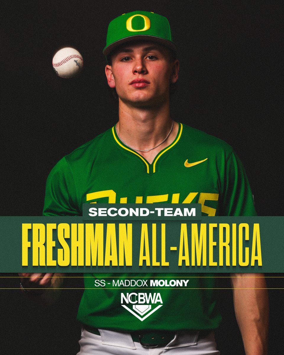 𝐀𝐥𝐥-𝐀𝐦𝐞𝐫𝐢𝐜𝐚𝐧

Tip of the cap to <a href="/maddox_molony/">Maddox Molony</a> who is the first Oregon position player ever to be named a <a href="/NCBWA/">NCBWA</a> Freshman All-American. #GoDucks 

Press Release | tinyurl.com/29rr46xf