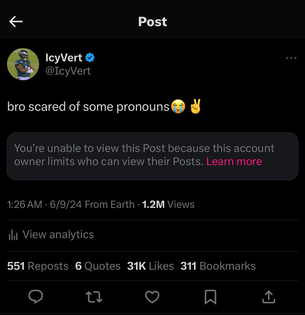 IcyVert's tweet photo. grow man gets upset about people using pronouns (everyone does) and blocked me lol tough guy 🙂‍↔️ https://t.co/64VP4BjSSa