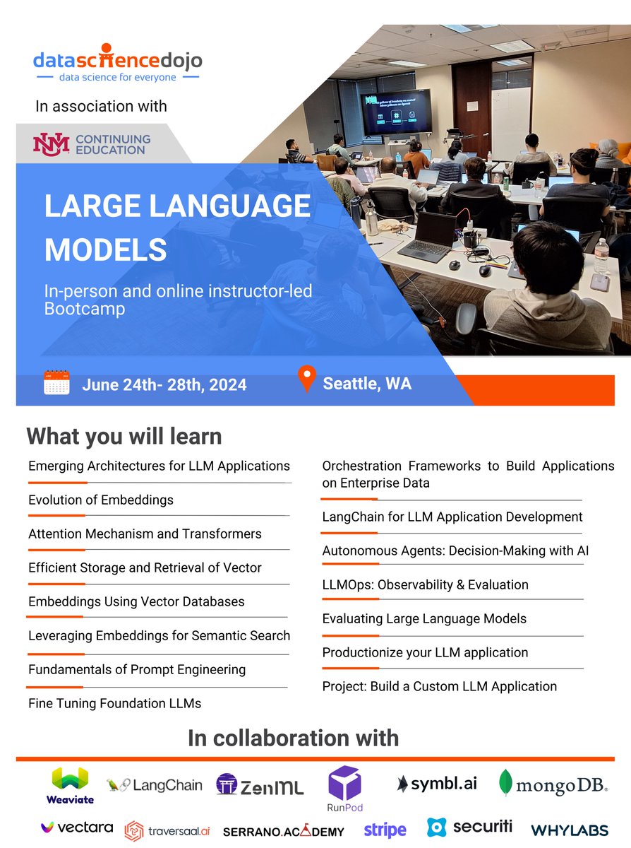 DataScienceDojo's tweet image. Learn to build #largelanguagemodel applications on your custom data set.
Begin hands-on #LLM learning: Enroll in the 5-Day bootcamp today!
 
Schedule a call with the advisor today ➡hubs.la/Q02zyCvP0