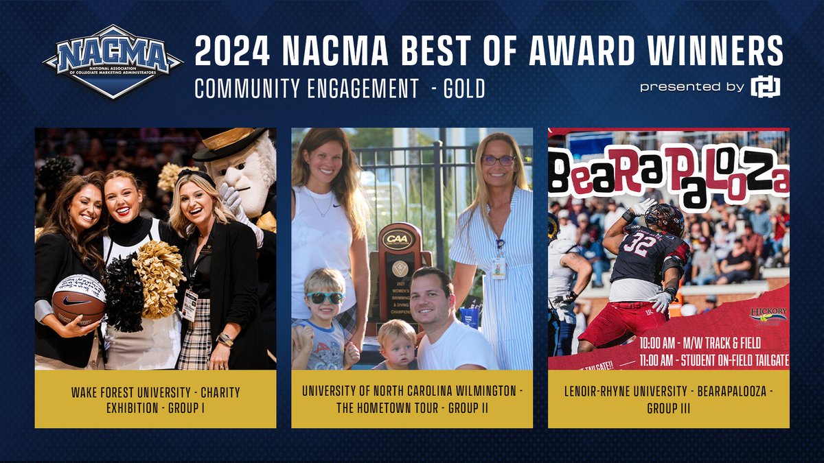 Congratulations to our 2023-24 NACMA "Best Of" Awards Gold Winners for Community Engagement, presented by <a href="/OldHatCreative/">Old Hat Creative</a>!

Group I - <a href="/DemonDeacons/">Wake Forest Demon Deacons</a>
Group II - <a href="/UNCWAthletics/">UNCW Athletics</a>
Group III - <a href="/LRbears/">Lenoir-Rhyne Bears</a> 

#NACMA24