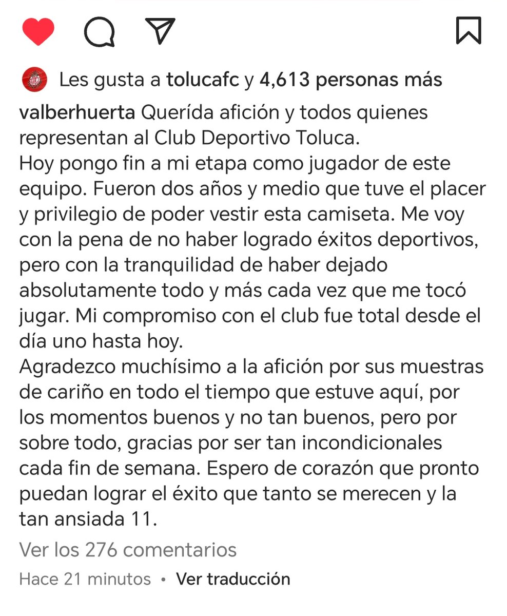 ChrisG_ofi's tweet photo. Vía #IG #ValberHuerta se despide de @TolucaFC y agradece a la institución, directivos, cuerpo técnico y afición, deseando de ❤️ se consiga la tan ansiada #Copa11 https://t.co/ovx7cUOL8J