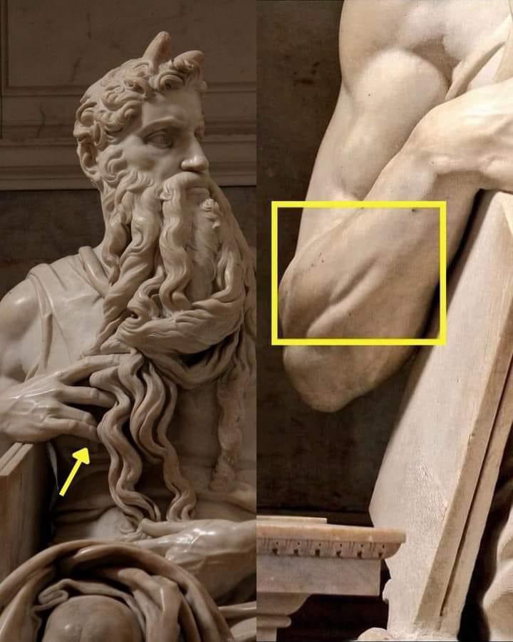 InformaCosmos's tweet photo. En la escultura de Moisés de Miguel Ángel, que fue creada entre 1513 y 1515,uno de los muchos detalles de esta obra maestra es un pequeño músculo que está tallado en el antebrazo. 

Este músculo en el cuerpo humano solo se contrae cuando se levanta el dedo meñique, de lo contrario, permanece oculto. 

En la escultura, Moisés efectivamente tiene el dedo meñique levantado, lo que hace que el músculo se contraiga. Miguel Ángel, quien se definía más como escultor que como pintor, resalta este pequeño pero significativo detalle. Es simplemente extraordinario.