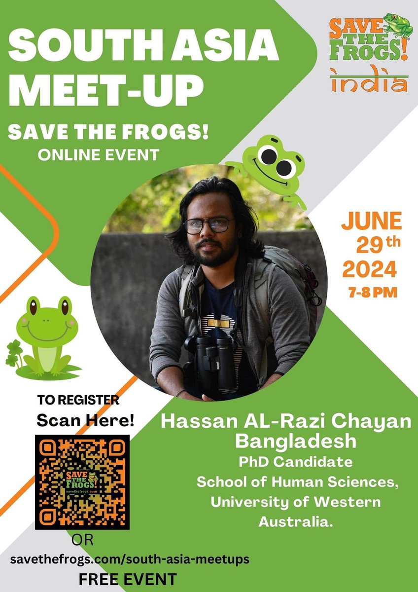 Join us for our monthly South Asia Meetup, featuring guest amphibian biologist Hassan Al-Razi Chayan. Register at:
savethefrogs.com/south-asia-mee… 

#savethefrogs #amphibians #frogs