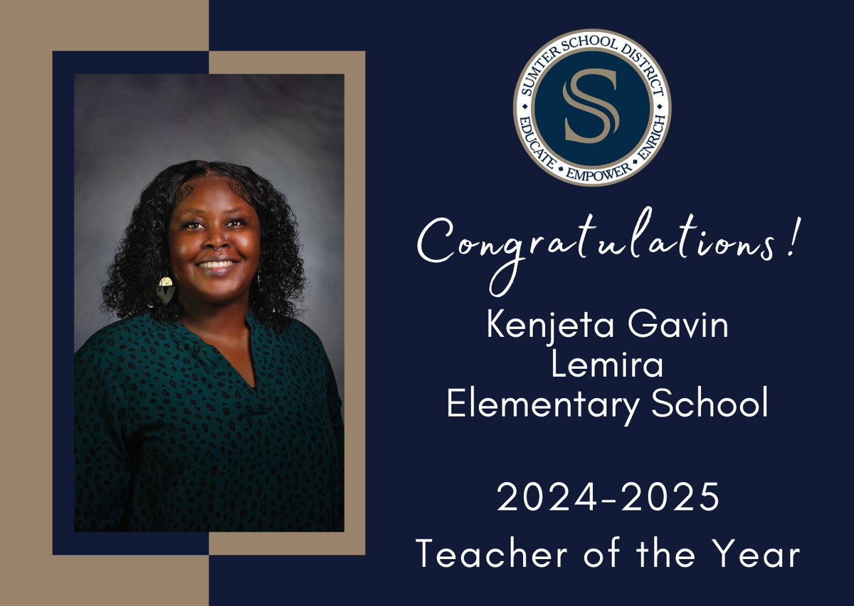 SumterSCSchools's tweet photo. Congratulations, Kenjeta Gavin, @LemiraSchool Teacher of the Year! #ALLINFORSSD https://t.co/6dnDKnPTSt