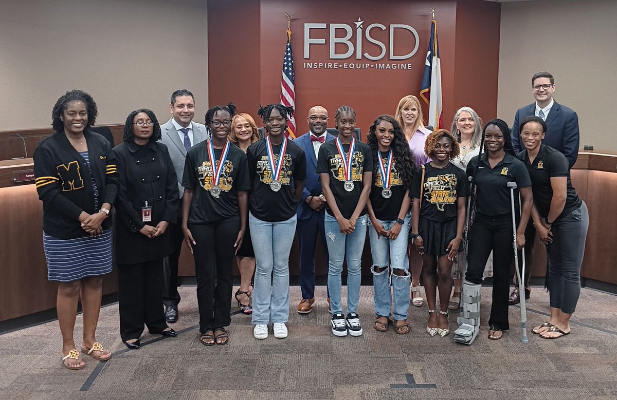 FBISDAthletics's tweet photo. Congratulations to 5A Girls 4x200m relay state medalists, Marshall High School, for being recognized by the school board. https://t.co/6pEDkgrUui