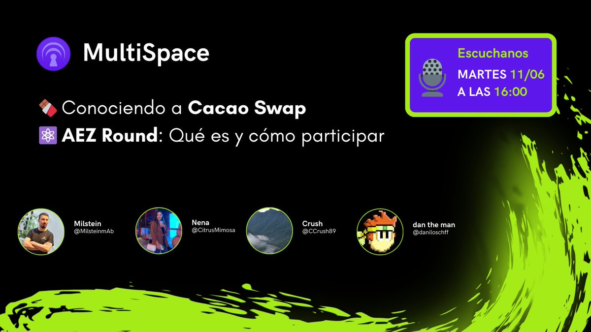 alquimia_hub's tweet photo. ¡Mañana tendremos Space! 🎙️
🗓️ Martes 11/06 | ⏰ 16:00hs
Vamos a conocer a @CacaoSwap, el Frontend alternativo de @Thorchain, 100% self-funded.
Además hablaremos de la #AEZRound, la Ronda de Quadratic Funding de @cosmos - organizada por @DoraHacks - en el que La Multisig está participando 💪
👥 Hosts: @MilsteinmAb - @CitrusMimosa
🗣️ Invitados: @CCrush89 - @daniloschff
¡Sumate!