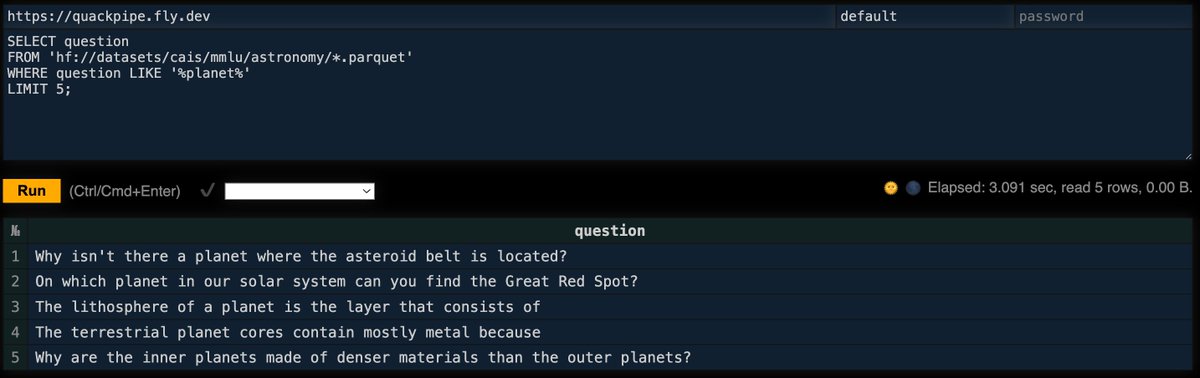 qxip's tweet photo. #QuackPipe for #DuckDB v1.0.0 is out! Fast and lightweight serverless #OLAP API built on top of DuckDB emulating and aliasing the #ClickHouse HTTP API on tiny specs. Works natively with @huggingface dataset queries! π₯ Try it now: https://t.co/cFXd7HPs0Z + https://t.co/9vHBIPiazY https://t.co/nkC77Uf9Mp