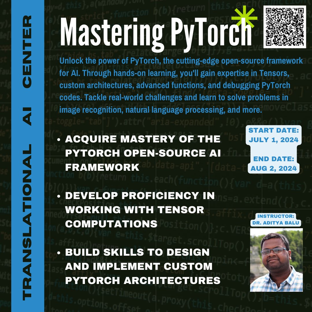 Coming up!
"Mastering PyTorch" from Iowa State's Translational AI Center. Get hands-on with PyTorch, the open-source AI framework. Master Tensors, architectures, debugging &amp; real-world apps like vision/NLP. Interactive sessions.
Registration opens soon: iowastateonline.iastate.edu/professional-d…