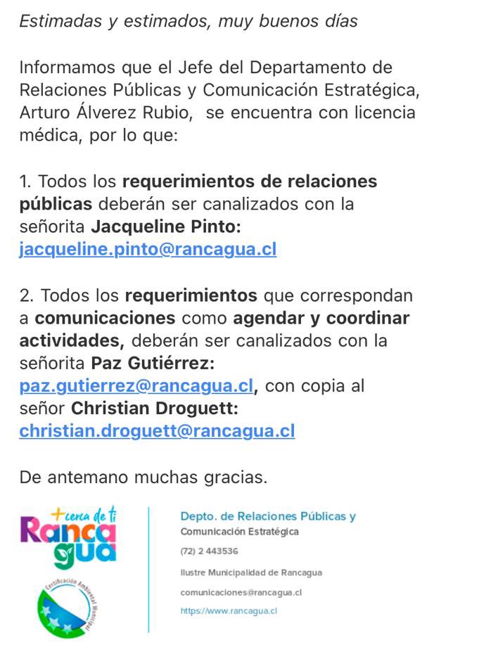 RcguaTransparen's tweet photo. Arturo Alvarez Rubio actualmente con licencia médica. Difícilmente regresará a la @munirancagua 
Otro costo para la nueva administración que optó por mantenerlo en su cargo y no iniciar sumario correspondiente por su relación con productoras de eventos. https://t.co/MLVlZSYH5Z