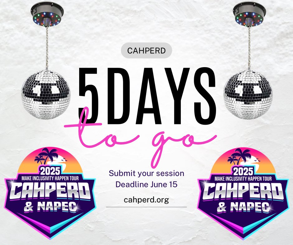 CAHPERD's tweet photo. Deadline is approaching. Present at the 2025 CAHPERD & NAPEC Joint Conference! https://t.co/6YRNNVNbsT #healthed #physed #rec #dance #athletic #ape #adaptedphysed #MIH @CA_AdaptedPE https://t.co/zEy22Eih7Y