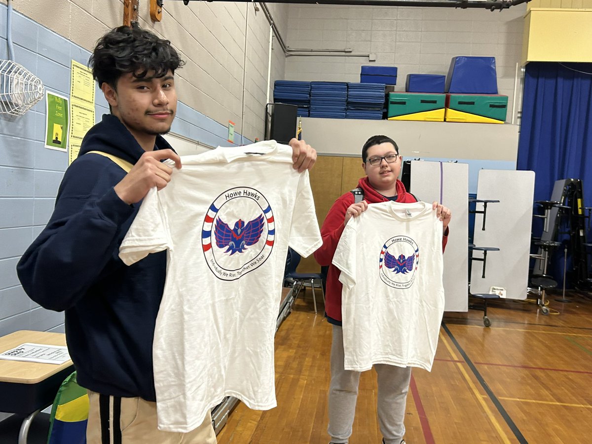 digitalartsshs's tweet photo. 2 VPA students from Ms. Hunts’ Computer Art 1 class celebrate the unveiling of the logo they designed for Howe Elementary’s Howe Hawks! They received the first t-shirts printed with the logos. #schenectadyrising #howehawks
@SCSchools @MrDennisGreen @schenectadyvpa https://t.co/PFrfmQUfDB