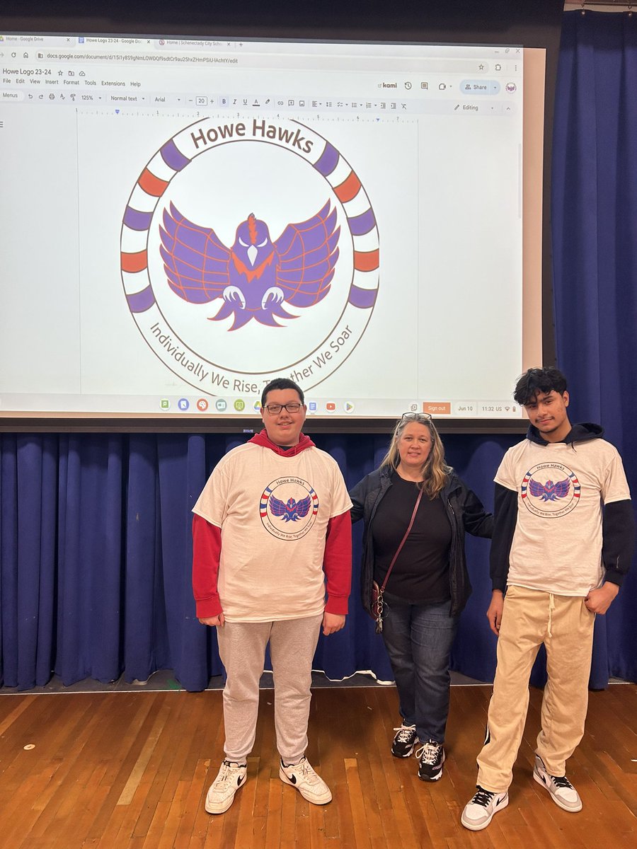 digitalartsshs's tweet photo. 2 VPA students from Ms. Hunts’ Computer Art 1 class celebrate the unveiling of the logo they designed for Howe Elementary’s Howe Hawks! They received the first t-shirts printed with the logos. #schenectadyrising #howehawks
@SCSchools @MrDennisGreen @schenectadyvpa https://t.co/PFrfmQUfDB