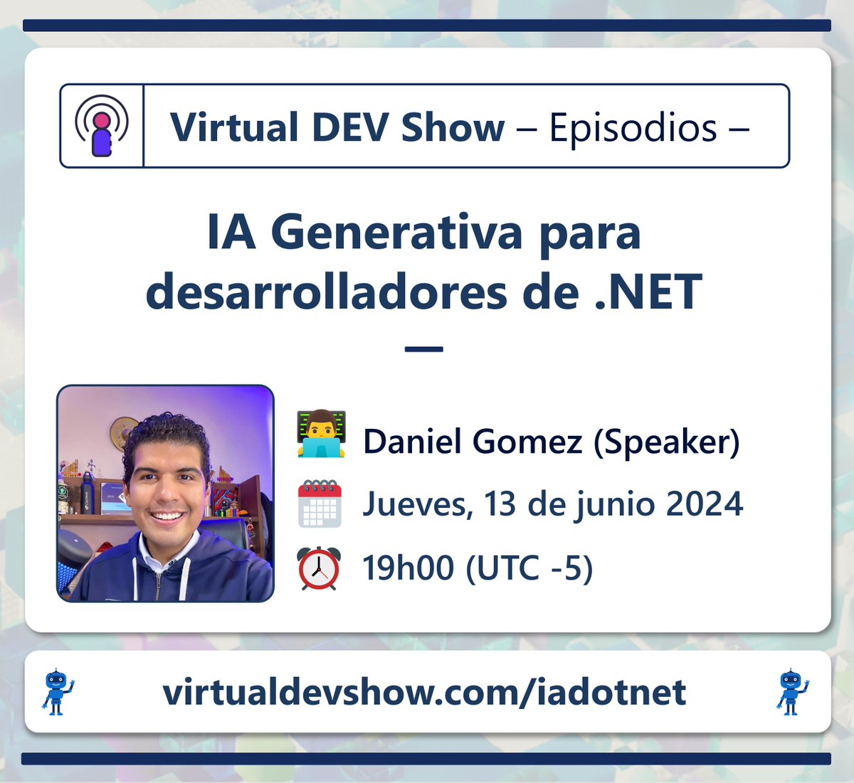 🤖 Es momento de Season of AI en <a href="/Microsoft/">Microsoft</a>, y desde nuestro Azure Tech Group, un nuevo episodio nos espera! 

📺 IA Generativa para desarrolladores de .NET
👨‍💻 <a href="/esDanielGomez/">Daniel Gomez</a> 
🔗 virtualdevshow.com/iadotnet

¡Hasta entonces! 🥳