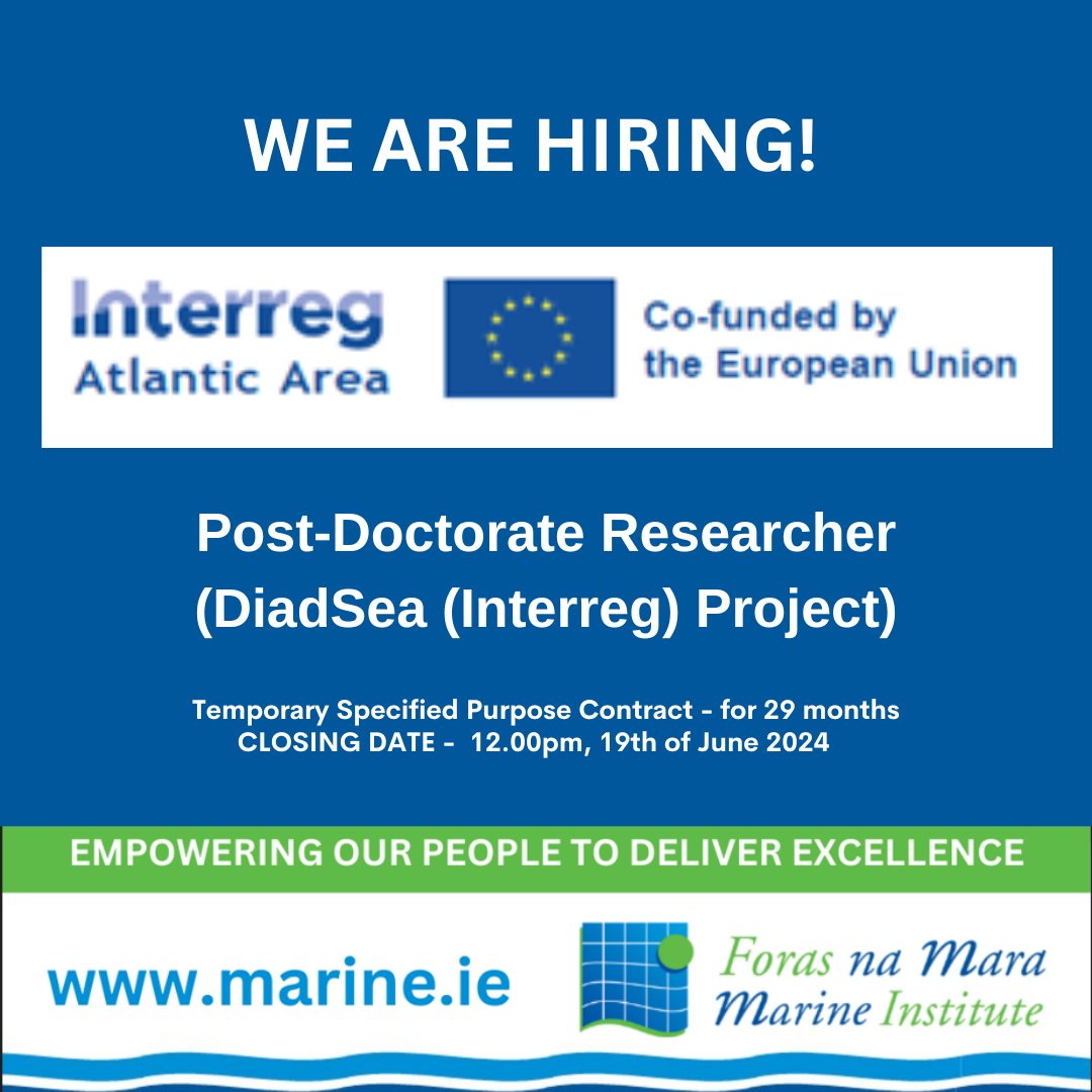 Marine Institute (@marineinst) on Twitter photo 🛑POST DOC JOB OPPORTUNITY
The Post-Doctoral Researcher (PDR) will work with scientists specialising in migratory diadromous fish and in ocean and climate modelling. @Diadsea
Click ➡️ bit.ly/3XdRxxj
📅The Closing date is 12pm, Wed 19th June 2024
#Marine #Job 🛑POST DOC JOB OPPORTUNITY
The Post-Doctoral Researcher (PDR) will work with scientists specialising in migratory diadromous fish and in ocean and climate modelling. @Diadsea
Click ➡️ bit.ly/3XdRxxj
📅The Closing date is 12pm, Wed 19th June 2024
#Marine #Job